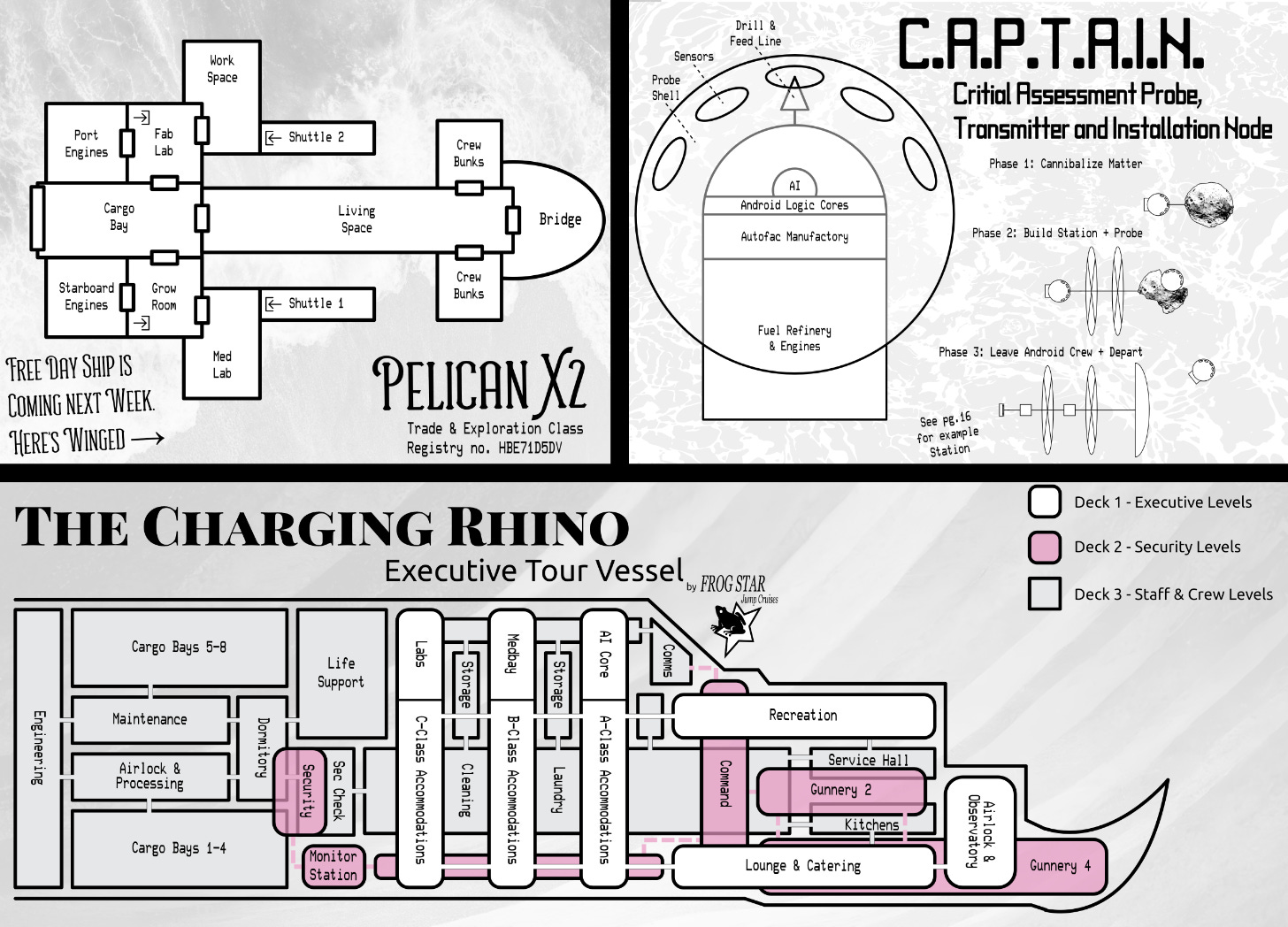 Three images from the spaceship deckplan zine. One is a medium-sized ship, one is a Van Neumann probe that builds space stations, the last is an "executive tour vessel" shaped a bit like a Rhino.