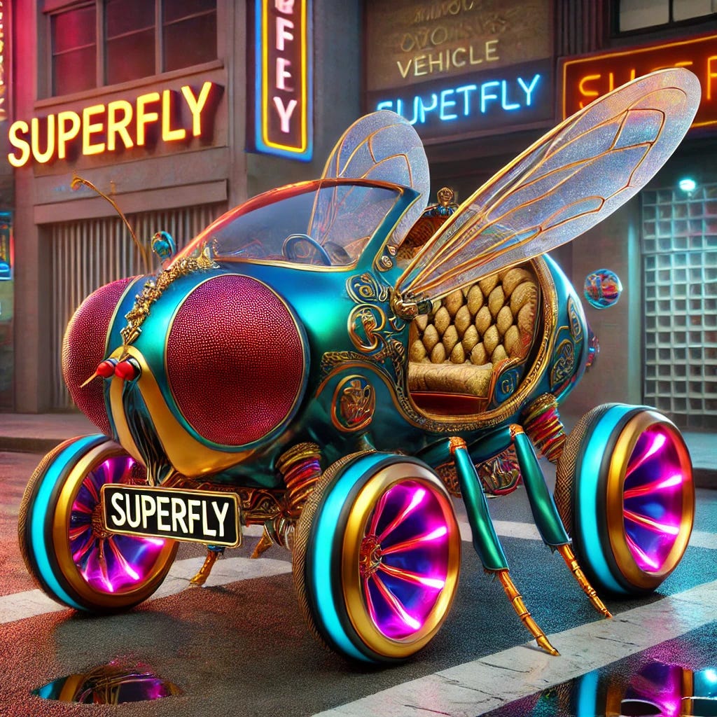 A humorous artist's rendering of a futuristic autonomous vehicle inspired by the fruit fly, named 'Superfly,' but designed as a flashy, pimped-out ride. The vehicle has a sleek, insect-like shape with exaggerated features, including oversized wheels with flashy rims, a vibrant paint job with metallic and neon accents, and decorative wings that mimic a fruit fly’s. The interior is visible, with plush, extravagant seating and gold-trimmed details. The setting is a city street at night, with colorful lights reflecting off the car. The overall atmosphere is playful and over-the-top, blending futuristic AI technology with a comically extravagant design.