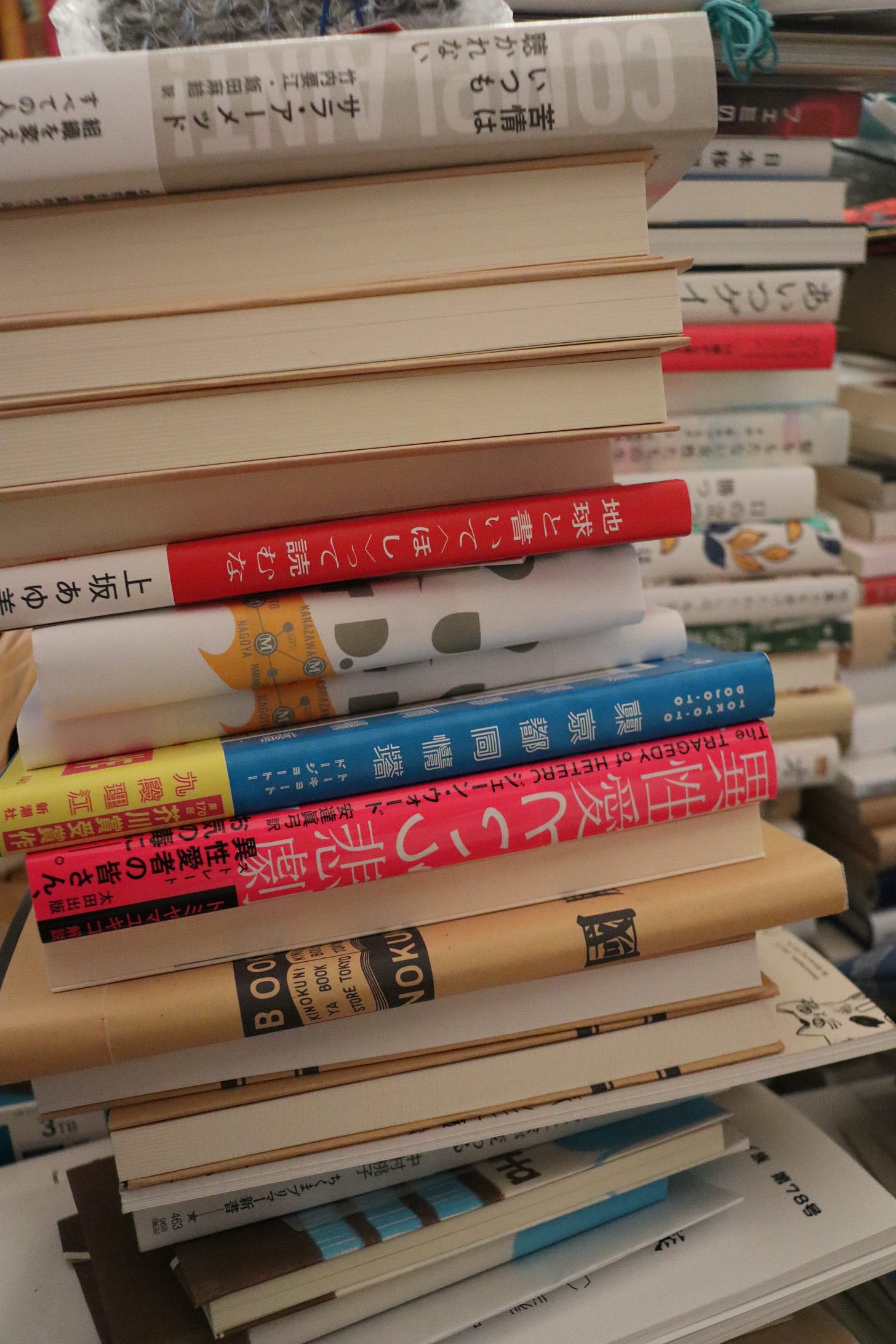 積まれている本たち。タイトルが見えるのは『苦情はいつも聞かれない』『地球と書いて〈ほし〉って読むな』『東京都同情塔』『異性愛という悲劇』