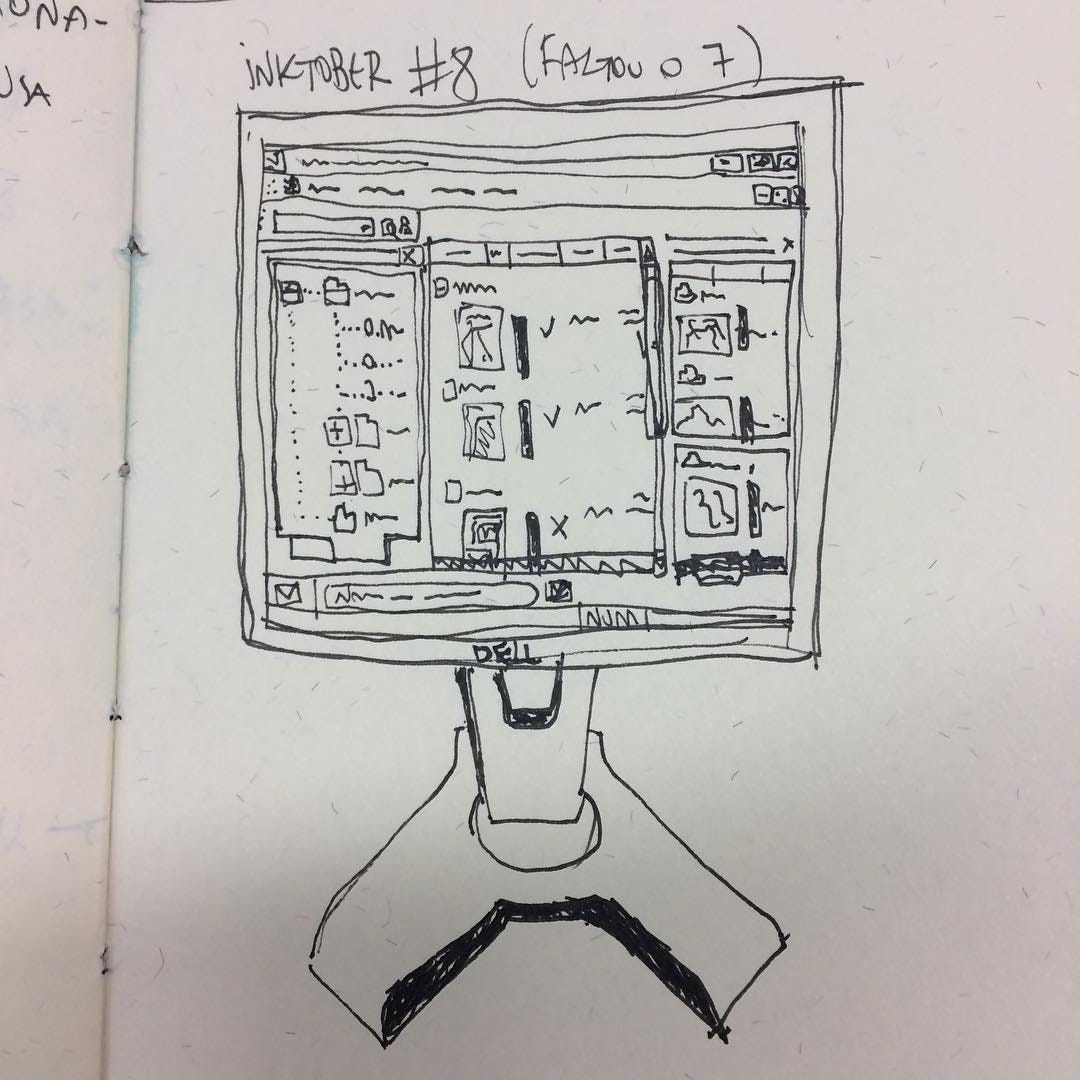 Um desenho de uma tela de computador da marca Dell. Há um programa com pastas e palavras rodando.