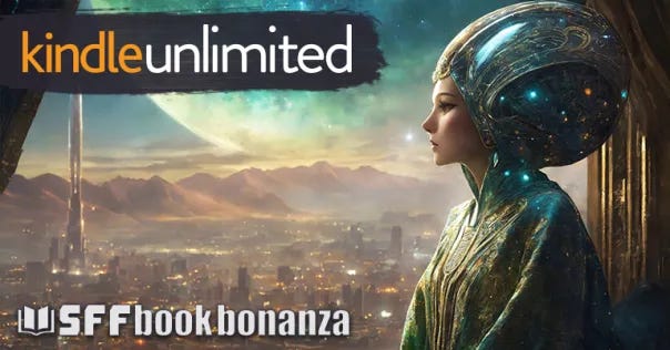 a picture of a robed woman on a science-fiction background. The words "kindle unlimited" are featured, as is the logo for the event, the SFF book bonanza.