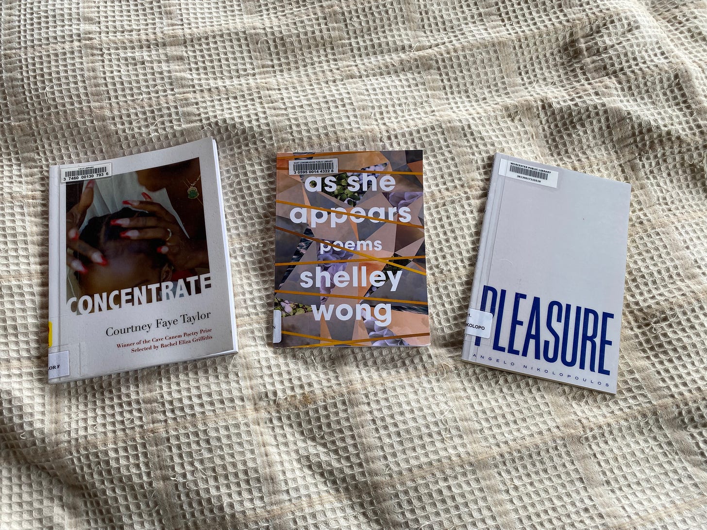 Three queer poetry collections, Concentrate, As She Appears, and Pleasure, laid out on a white bedspread.