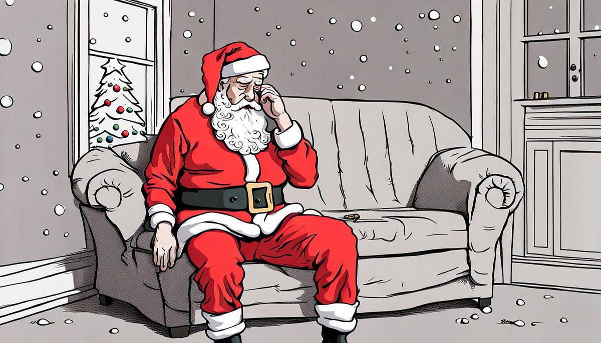 Santa, depressed and sad, sitting on sofa