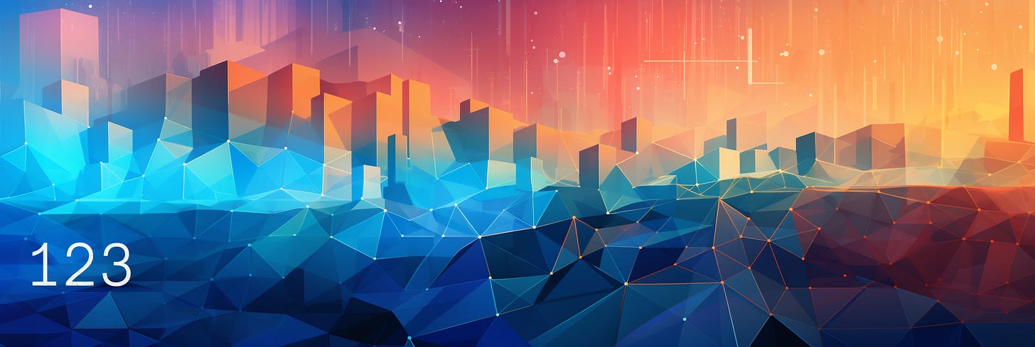 A vibrant digital image of an abstract, low-poly cityscape transitioning from cool blue to warm orange hues, with a gradient sky and "123" in the foreground.