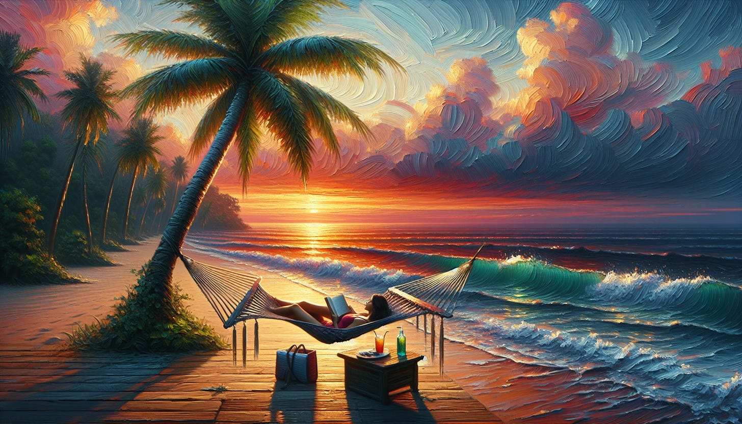 A serene and inviting scene depicting the concept of using Paid Time Off (PTO) for relaxation and rejuvenation. The image shows a person of indeterminate descent and gender reclining on a hammock, suspended between two lush palm trees at the edge of a tropical beach. The horizon is painted with a sunset of warm oranges and pinks, reflecting on the calm ocean waves. Nearby, an open book and a cool drink sit on a small wooden table, signifying leisure and escape. The tranquil atmosphere is enhanced with gentle waves subtly lapping at the shore, while a light breeze seems to rustle the palm fronds overhead. This setting exudes peace, inviting the viewer to imagine themselves unwinding and recharging in this idyllic location. The art style is reminiscent of the Impressionist era, utilizing rich acrylic textures to convey a sense of warmth and relaxation.