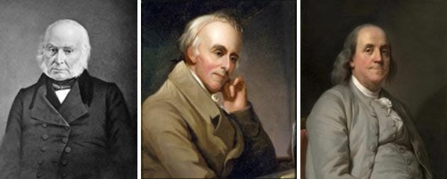 Three of the Electricizers: John Quincy Adams (Public Domain); Benjamin Rush by Charles Peale (1818) (Public Domain) and Benjamin Franklin by Joseph Duplessis (1785) (Public Domain)