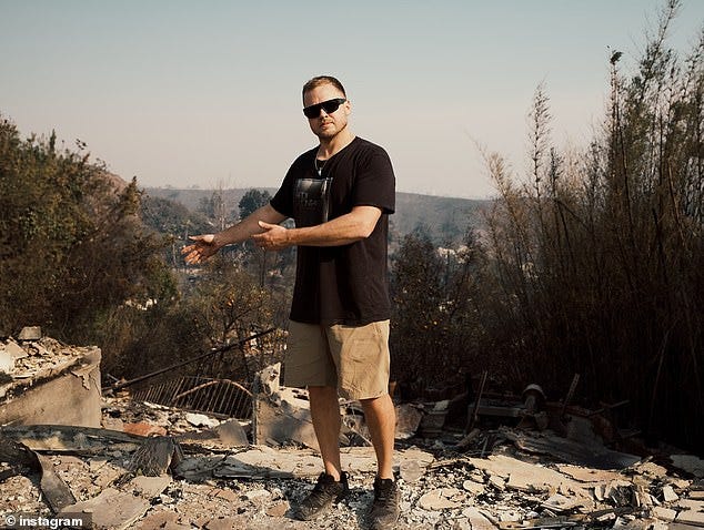 Spencer Pratt stands in the rubble of his Palisades home after it was tragically burnt down in the Pacific Palisades fire. He said he intends to sue the State for its destruction