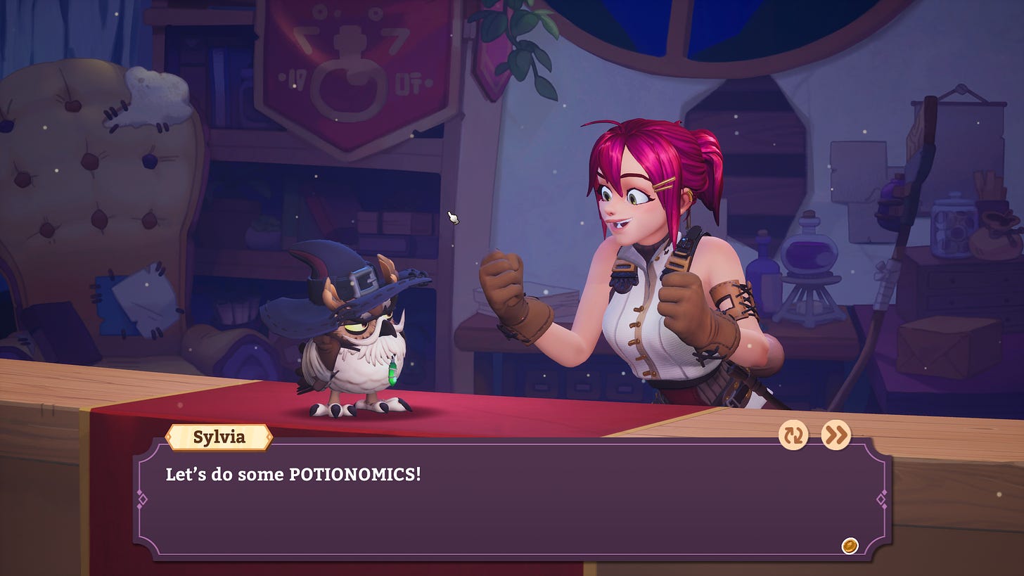 Screenshot from Potionomics, Sylvia saying to Owl: "Let's do some potionomics!"