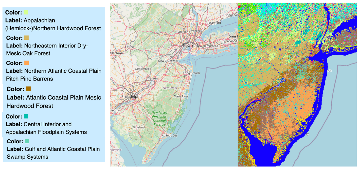 one color key on the left, a map image of new jersey in the middle, and the multi-colored biophysical map on the right. 

The color codes say:
Chartreuse: Appalachian (Hemlock-) Northern Hardwood Forest
Light brown: Northeastern Interior Dry-Mesic Oak Forest
Orange: Northern Atlantic Coastal Plain Pitch Pine Barrens
Brown: Atlantic Coastal Plain Mesic Hardwood Forest
Teal: Central interior and Appalachian floodplain systems
Light Green: Gulf and Atlantic Coastal Plain Swamp Systems

The map coloring is very fine grained. But you can see the majority of the southeastern jersey is orange, there is a middle band of brown running southwest to northeast which divides the state in half, and then the north is composed of a mix of light brown, blue, chartreuse, and light green that reflects the mixed elevation of the region

