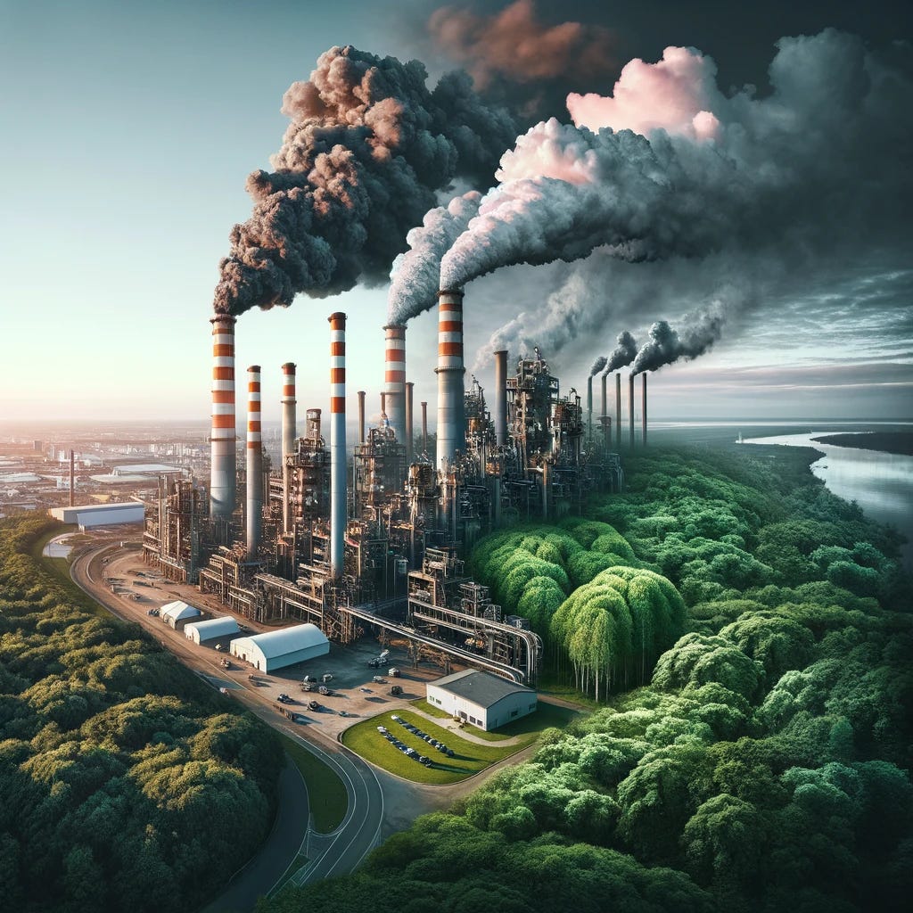 Create a highly realistic, photographic image depicting the contrast between industrial carbon emissions and nature. In the foreground, there's an industrial complex with smokestacks emitting a mix of grey and slightly black smoke into the air, signifying pollution. However, in the background, include vibrant greenery, trees, and a clear blue sky, to illustrate the stark contrast between human industrial activity and the natural environment. This duality highlights the encroachment of pollution on natural spaces and underscores the urgent need for a balance between industrial development and environmental preservation.