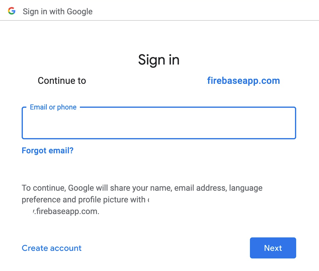 The image shows the user a link to the firebase app using the firebaseapp.com domain and there is no link to the site's privacy policy or terms and condition
