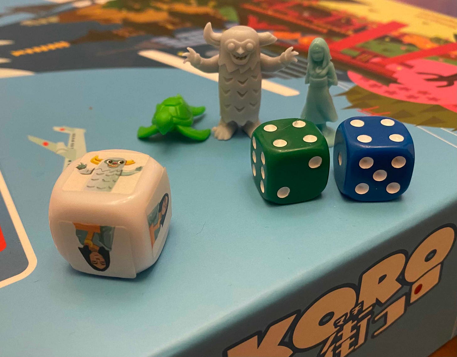 The visitors from Machi Koro Left to right: A sea Turtle, an Oni, and a princess