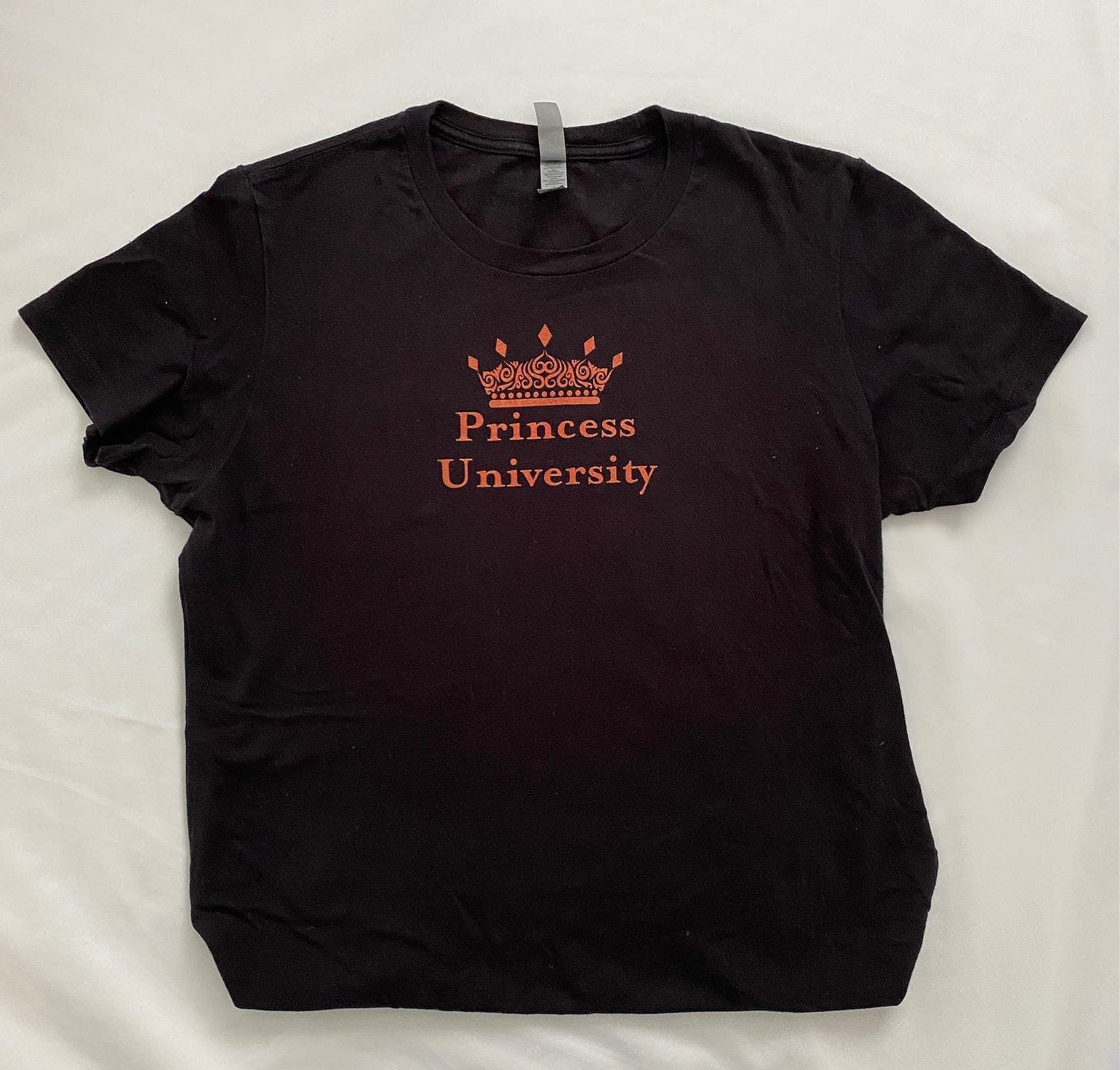 Black tee shirt against a white background with an orange crown and the words "Princess University" below the crown.