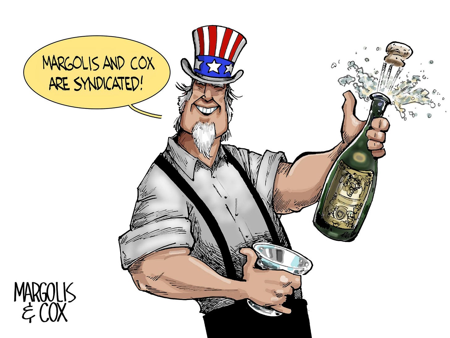 May be a doodle of champagne and text that says 'MARGOLISAND AND COx ARE SYNDICATED! ON MARGOLIS ६ COX'