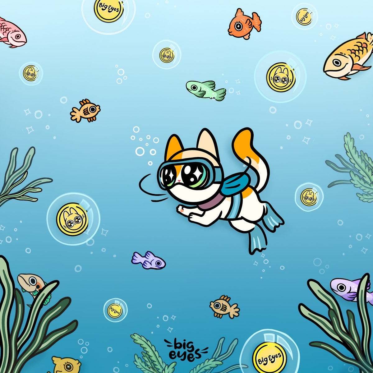 ID: Big Eyes wearing a snorkle and flippers, swims through fish and Big Eyes coins.
