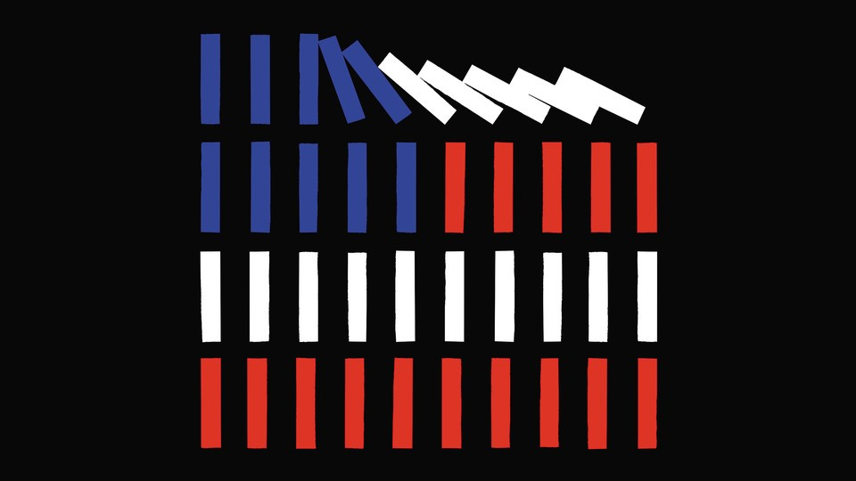 Four rows of red, white, and blue vertical bars in pattern of U.S. flag, with top row collapsing to the left like dominoes