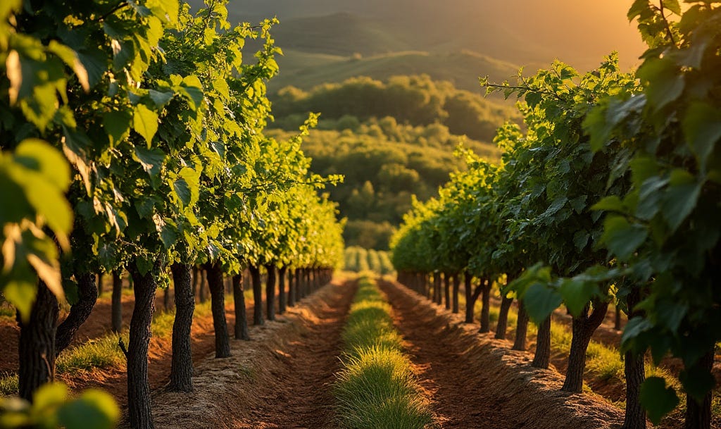 A vineyard at sunset, with neat rows of grapevines stretching into the distance. The vines are lush and green, bathed in warm, golden light. The ground between the rows is well-kept, with a reddish-brown soil. In the background, rolling hills and dense greenery are visible, with the sunlight gently illuminating the landscape. The overall scene conveys a sense of tranquility and natural beauty in a rural setting.