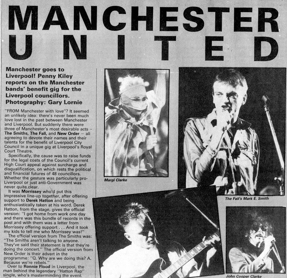 Page 1 of the original article, including  photos of New Order, John Cooper Clarke, Margi Clarke and The Fall.