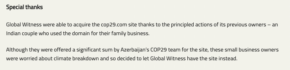 A screenshot of part of a website that has the header "Special Thanks", and text saying "Global Witness were able to acquire the cop29.com site thanks to the principled actions of its previous owners – an Indian couple who used the domain for their family business.  Although they were offered a significant sum by Azerbaijan’s COP29 team for the site, these small business owners were worried about climate breakdown and so decided to let Global Witness have the site instead."