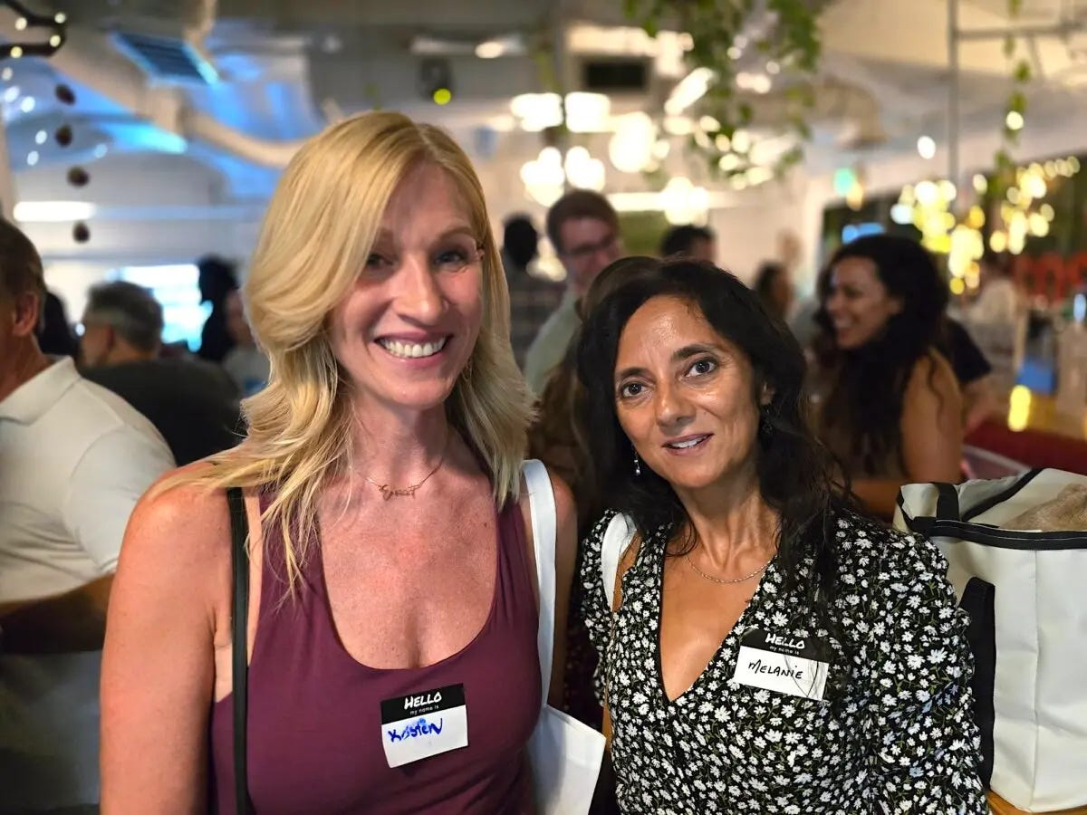 Unvaccinated singles Kristen Feuerstein (L) and Melanie Dias attend a social gathering for unvaccinated men and women in Phoenix, Ariz., on July 15, 2024. (Allan Stein/The Epoch Times)