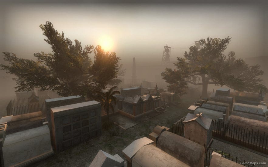 A screenshot of the mausoleums from the map The Parish in L4D2