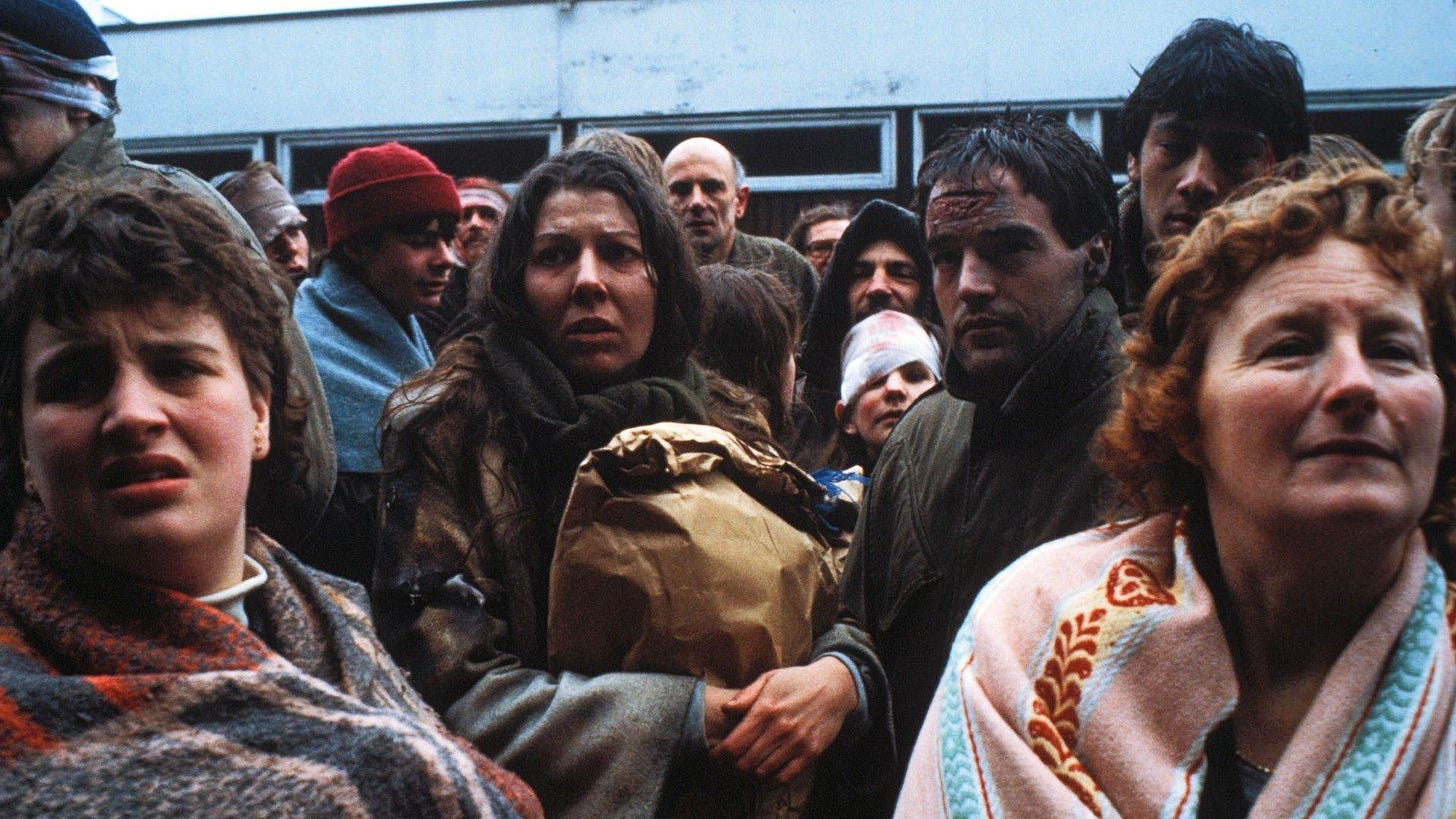 People looking bedraggled and desperate, in a still from the BBC docudrama Threads