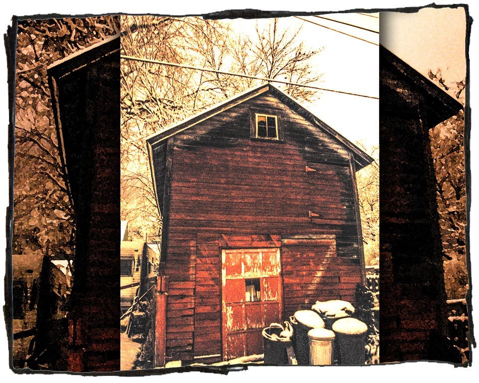 A snow-covered red barn in a state of disrepair. A collection of garbage cans sits out in front.