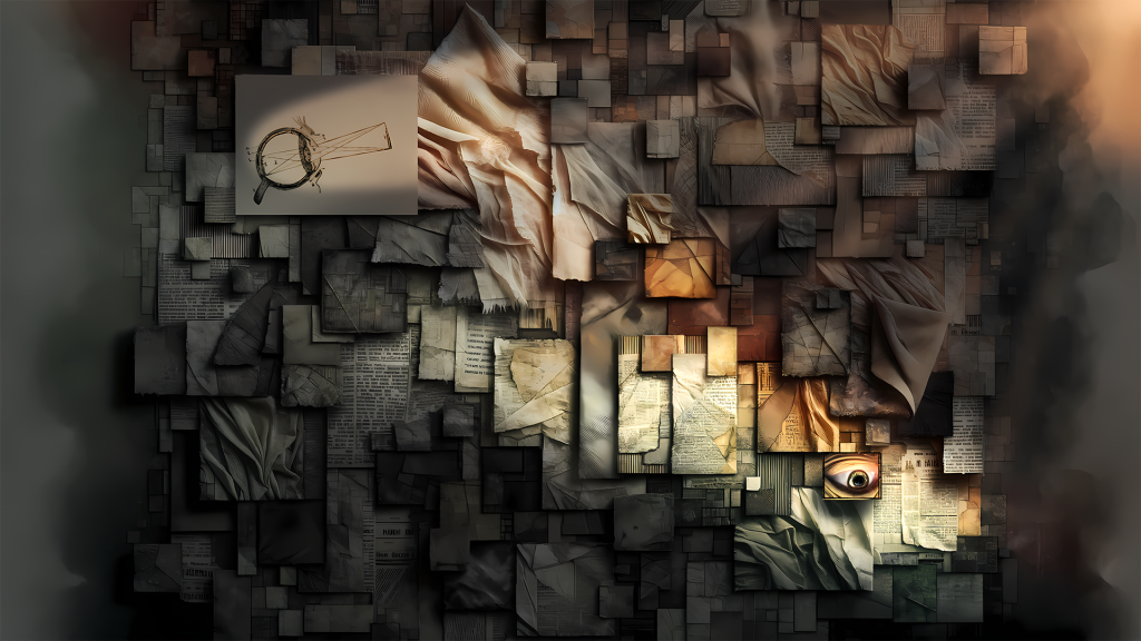 “All the Colors of Regret,” original digital illustration by the author. The image displays a complex, dadaist-inspired collage on a dark background. Various shades and textures are evident, with geometric pieces resembling newsprint, fabric, and crumpled papers. In the upper left quadrant, there’s a 19th-century style drawing of an anatomical eye on a lighter square backdrop. The lower right quadrant features a surreal, realistic eye gazing downward. The collage elements have a three-dimensiona