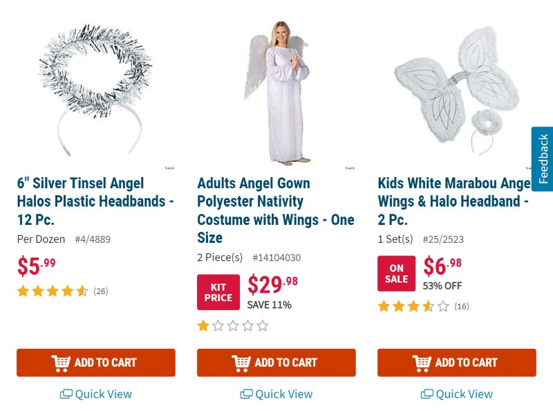 a set of three advertisements for angel costumes and prompts for a nativity play--all white and feminine and glittery