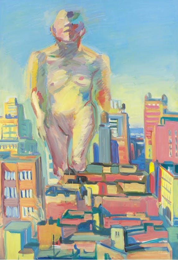 Naked giantess bestrides New York