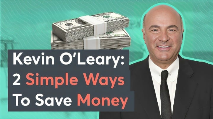 Kevin O'Leary, dressed in a suit, stands next to an image of stacked cash with the text "Kevin O'Leary: 2 Simple Ways to Save Money" displayed on the screen. The CNBC "Make It" logo is in the top left corner.