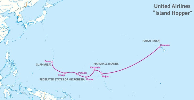 The Island Hopper route (now run by United). Bikini is NNW of Kwajalein.
