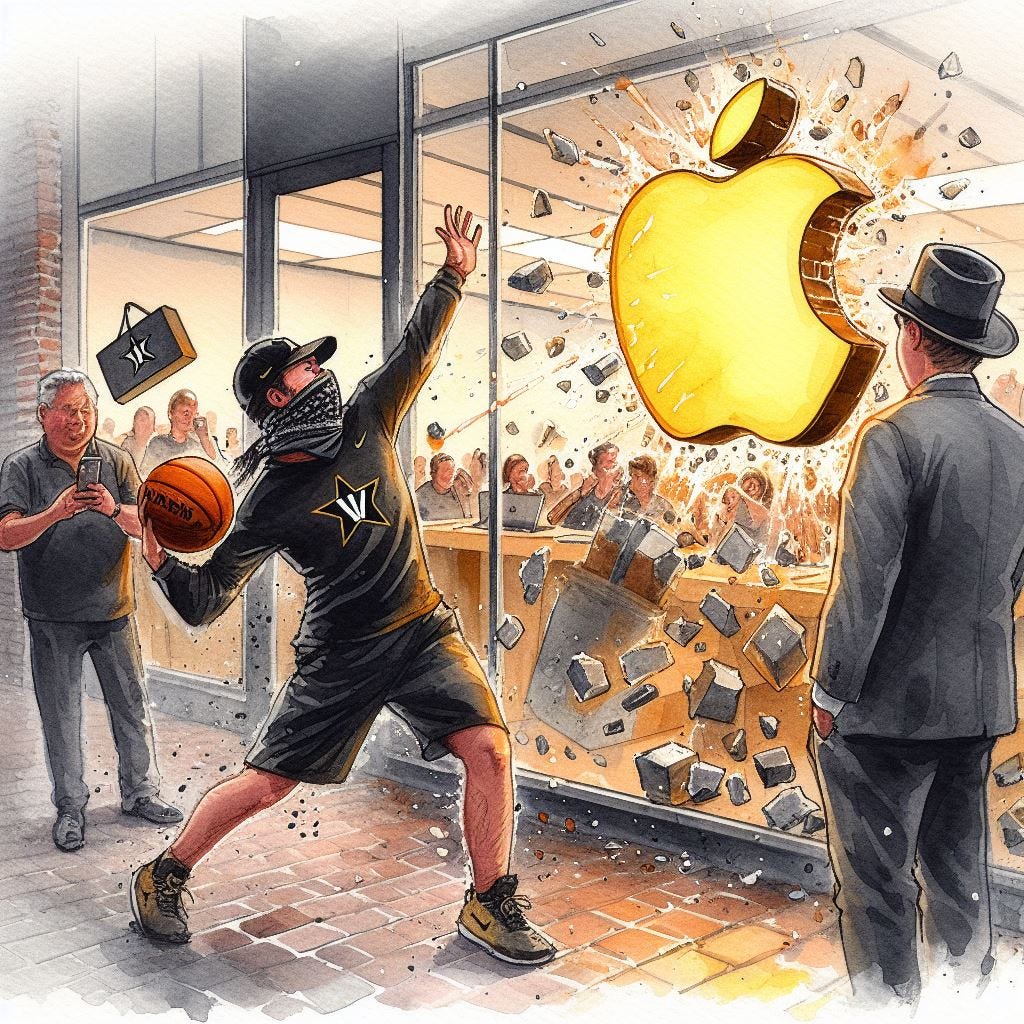 A Vanderbilt basketball fan throwing a brick at an Apple Store, watercolor