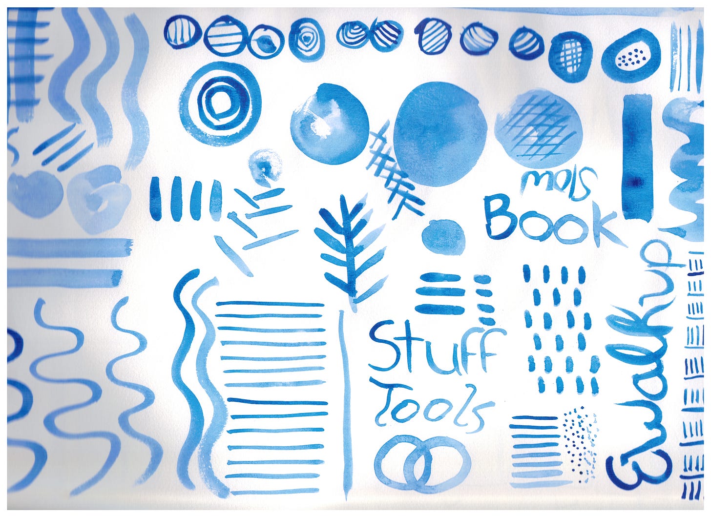 Watercolor brush strokes: lines, squiggles, circles in blue