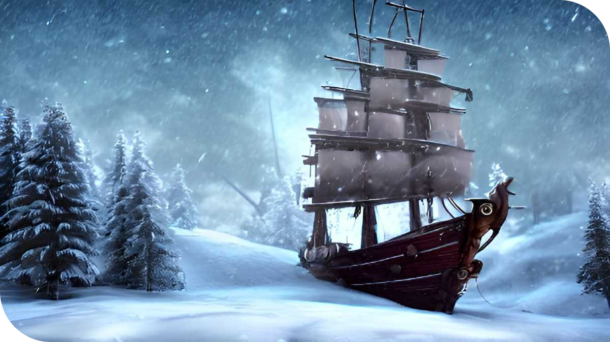Ship sailing in the snow