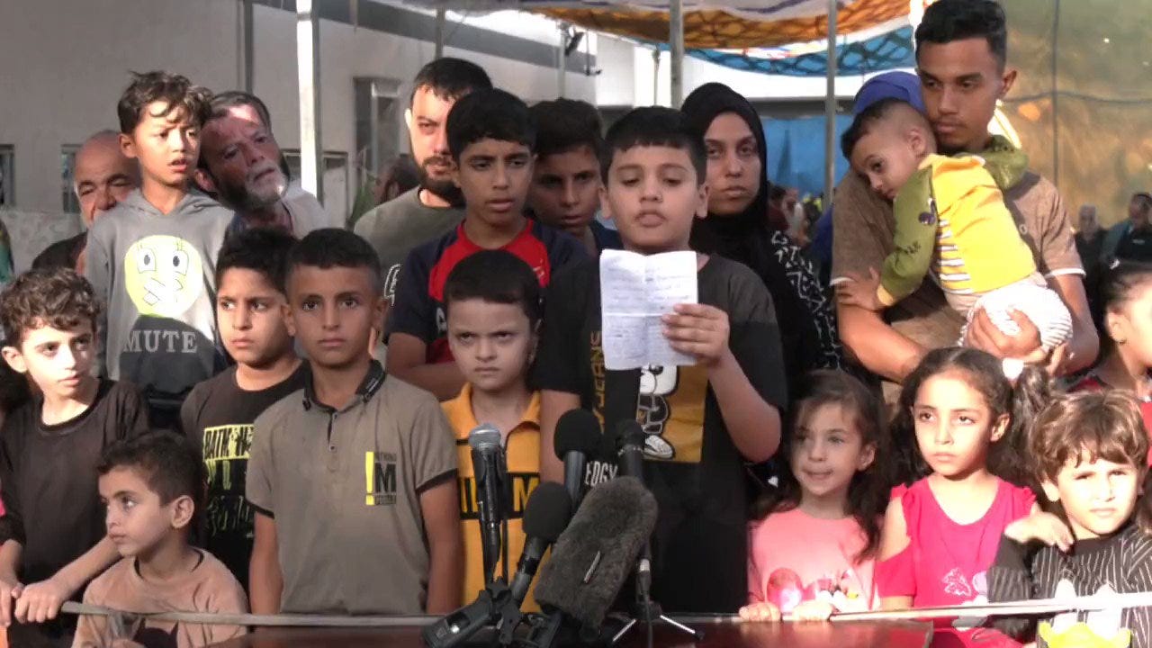 Good Shepherd Collective on X: "Palestinian children in Gaza hold a press  conference outside Al Shifa hospital, speaking English so the world cannot  pretend not to understand them: “We come now to