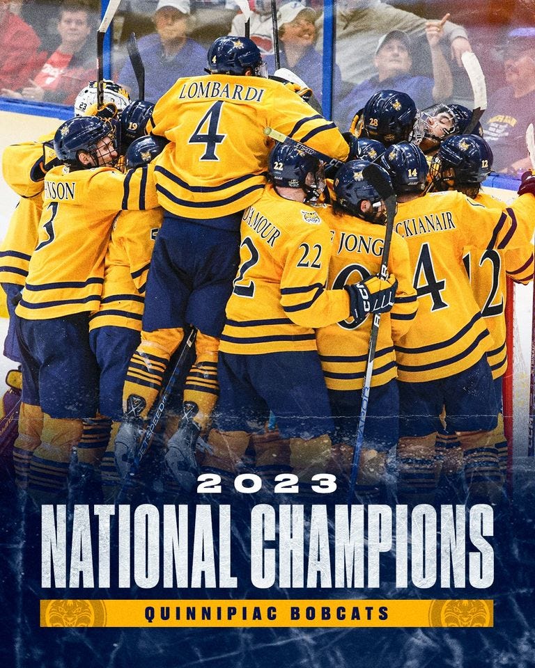 May be an image of 2 people, people playing hockey and text that says 'LOMBARDI 4 NSON ASON SAMOUR ම CKIANAIR 22 JONG 4 NATIONAL 2023 CHAMPIONS QUINNIPIAC BOBCATS'