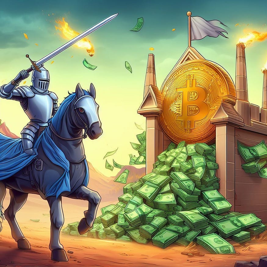 There is a medieval knight on the horse with a sword, a Bitcoin coin, and lots of Dollars in the picture