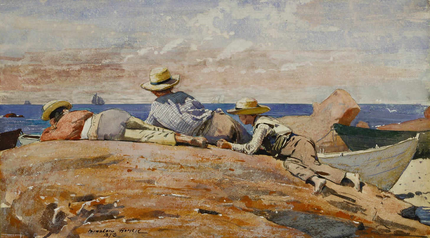 Winslow Homer (1836-1910), Three Boys on the Shore, 1873. Gouache and watercolor on paper mounted on board. Daniel J. Terra Collection.