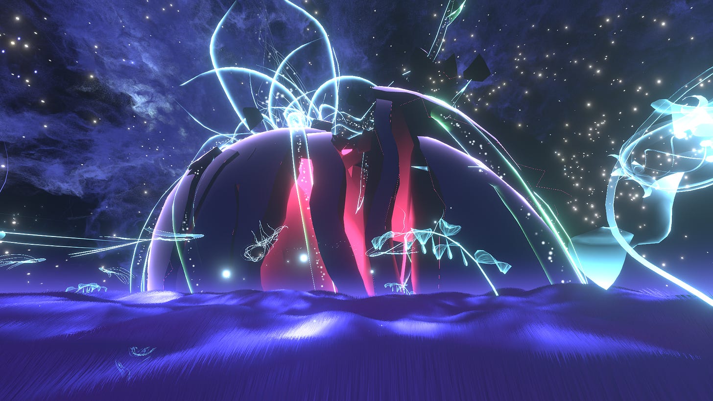 A glowing purple field with a large orb sitting in the middle, submerged in the grass. The orb is broken open, and eminates red light. Surrounding it are strings of light. The sky is starry.