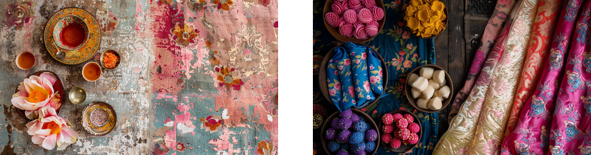 A vibrant display of colorful textiles and traditional items. On the left, floral-patterned fabrics are adorned with tea cups, a decorative plate with spices, and flowers. On the right, various bowls filled with brightly colored flowers, fabric rolls, and small decorative items are arranged on a patterned blue fabric.