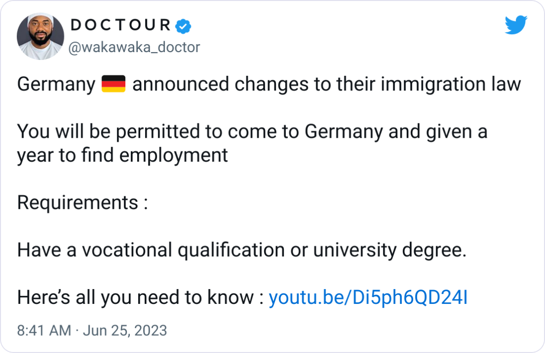 ＤＯＣＴＯＵＲ @wakawaka_doctor Germany 🇩🇪 announced changes to their immigration law   You will be permitted to come to Germany and given a year to find employment  Requirements :   Have a vocational qualification or university degree.  Here’s all you need to know : http://youtu.be/Di5ph6QD24I