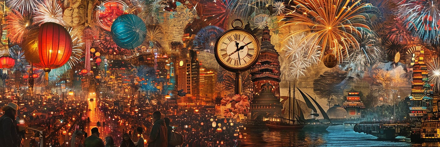 This panoramic image features a bustling night-time cityscape with a festive atmosphere, overlaid with multiple elements. Prominent are oversized red and blue hot air balloons and a large pocket watch floating in the air. The background is filled with fireworks exploding in a variety of colors and buildings that resemble historical architecture, possibly inspired by landmarks like Big Ben and traditional Asian pagodas. The lower part of the image depicts people observing the scene, with a sense of looking over a balcony or waterfront. The image is rich in warm hues, with a vivid contrast of lights and shadows, enhancing the celebratory and fantastical theme.