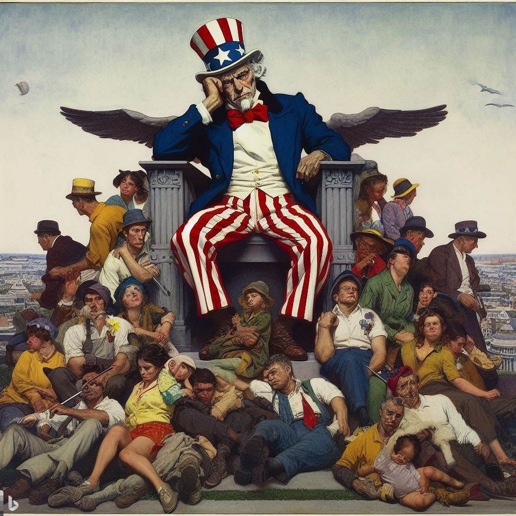imperial overstretch with at tired uncle sam in the style of norman rockwell