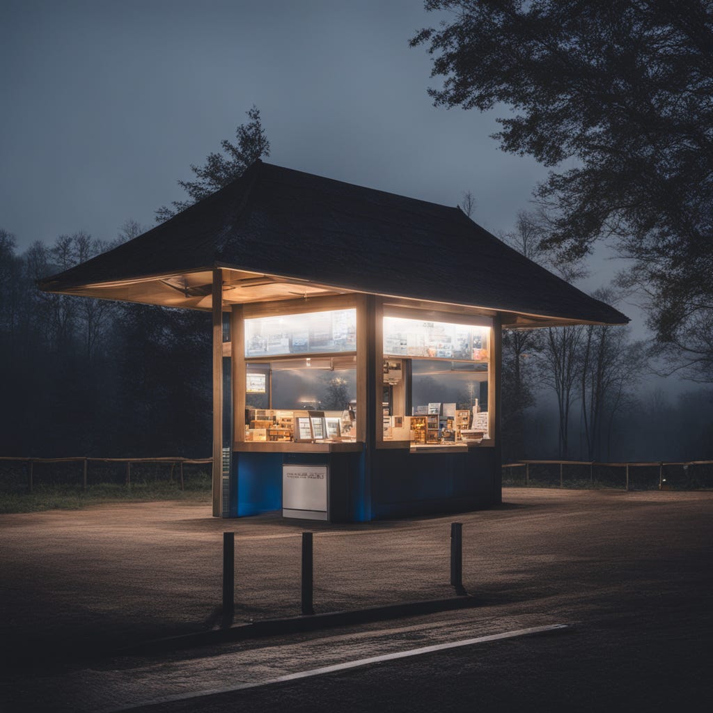 A bright kiosk on a misty night, with trees nearby