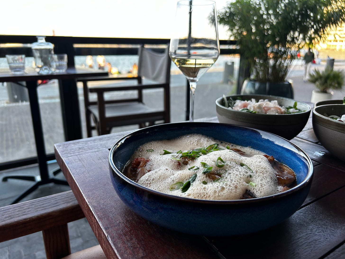 A plate of ravioli and glass of wine on a table.