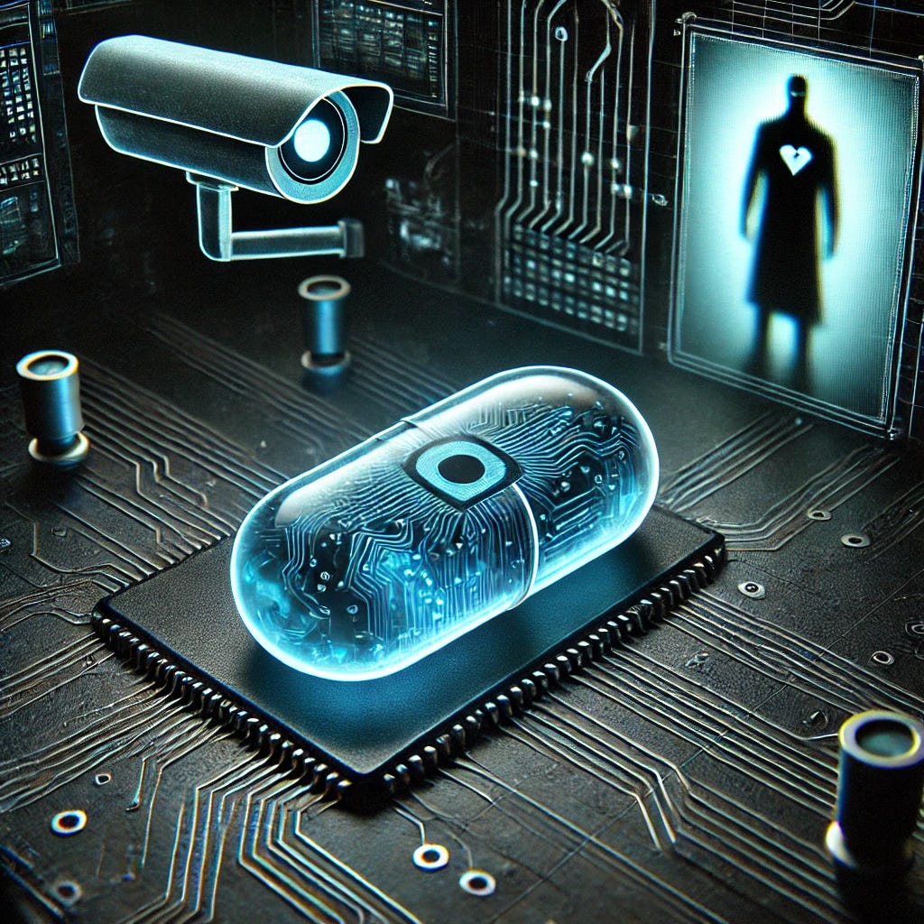 A dystopian, futuristic healthcare concept: a glowing digital pill with embedded microchip technology on a dark, ominous background. The pill emits a faint blue light, surrounded by circuits and data streams resembling a digital network. In the background, faint silhouettes of surveillance cameras and a shadowy figure symbolizing control loom over, adding a sense of unease and conspiracy. The overall aesthetic is sleek yet sinister, highlighting themes of surveillance and loss of privacy.