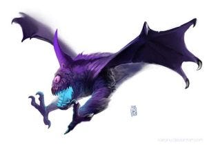 a flying purple monster with clawed feet, one eye, and one horn, descends from the sky as if to pick up prey. A blue light emanates from its mouth.
