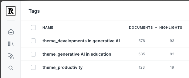 Screenshot of the Readwise Reader app showing the top three tags by document count. The tag developments in generative AI has 578 documents and the tag generative AI in education has 535. The third tag, productivity, has 123 documents.