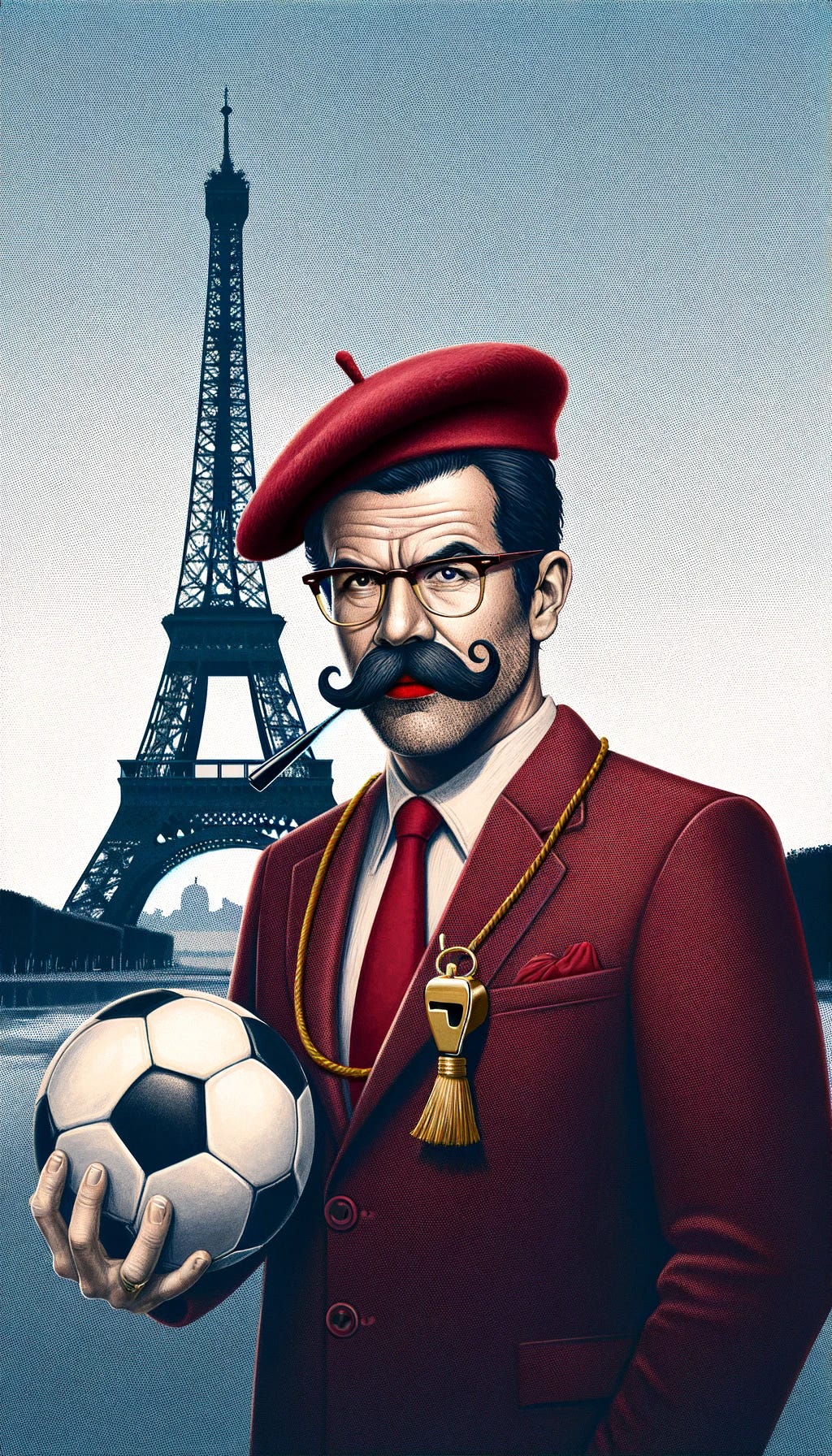 An artistic reinterpretation of the earlier image, adding more distinct elements of Ted Lasso. The character is still in front of the Eiffel Tower, wearing a beret, red lipstick, and a red dress. Now, the character has Ted Lasso's iconic mustache and is holding a coach's whistle around their neck, emphasizing the coaching aspect of Ted Lasso. Additionally, the character is holding a soccer ball, further connecting to Ted Lasso's role as a soccer coach. This creates a humorous and playful blend of Parisian style and the essence of Ted Lasso, set against the backdrop of the Eiffel Tower.